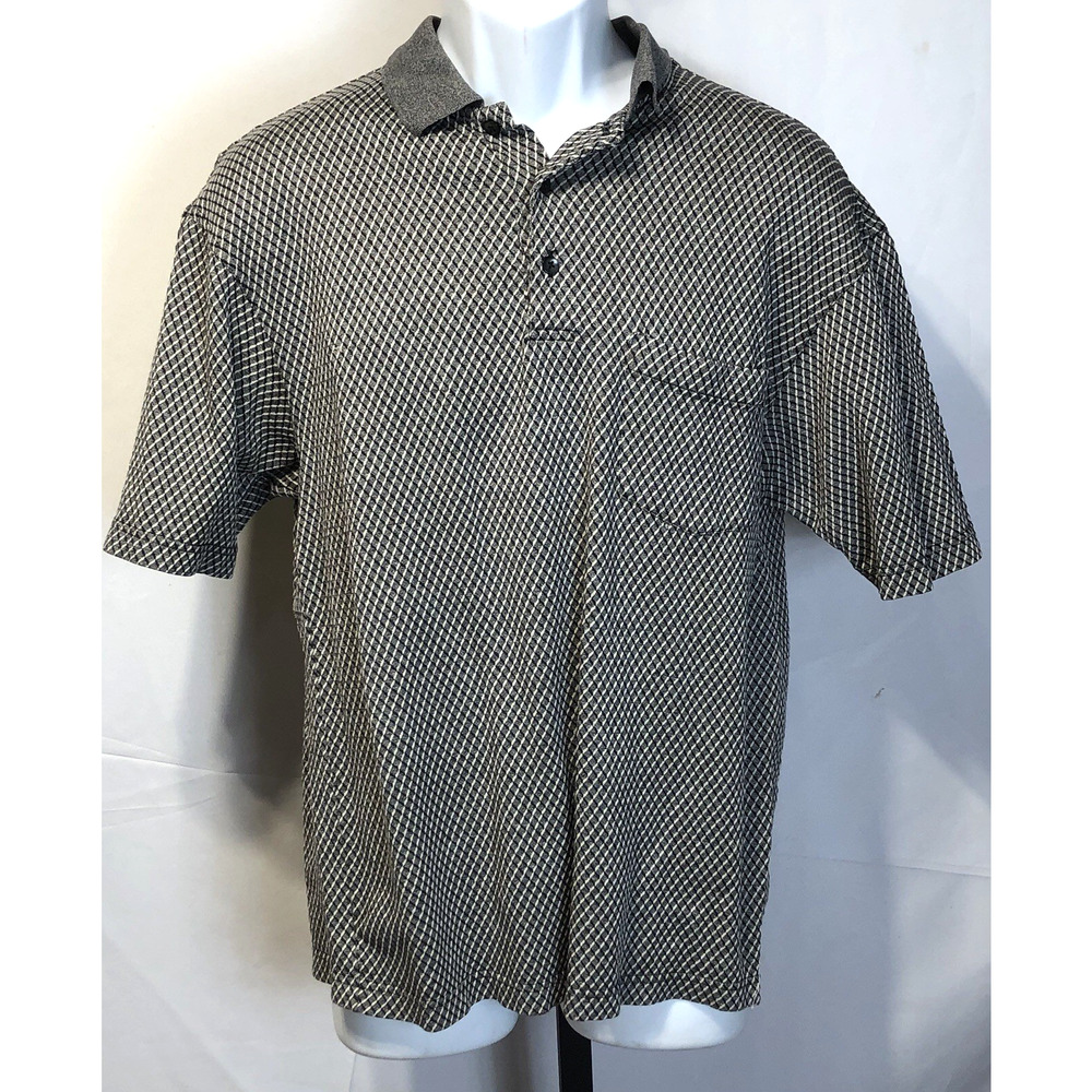 J Ashford Golf Polo Shirt M Blk Gray Geo 3 Button collar Pocket Preppy Club